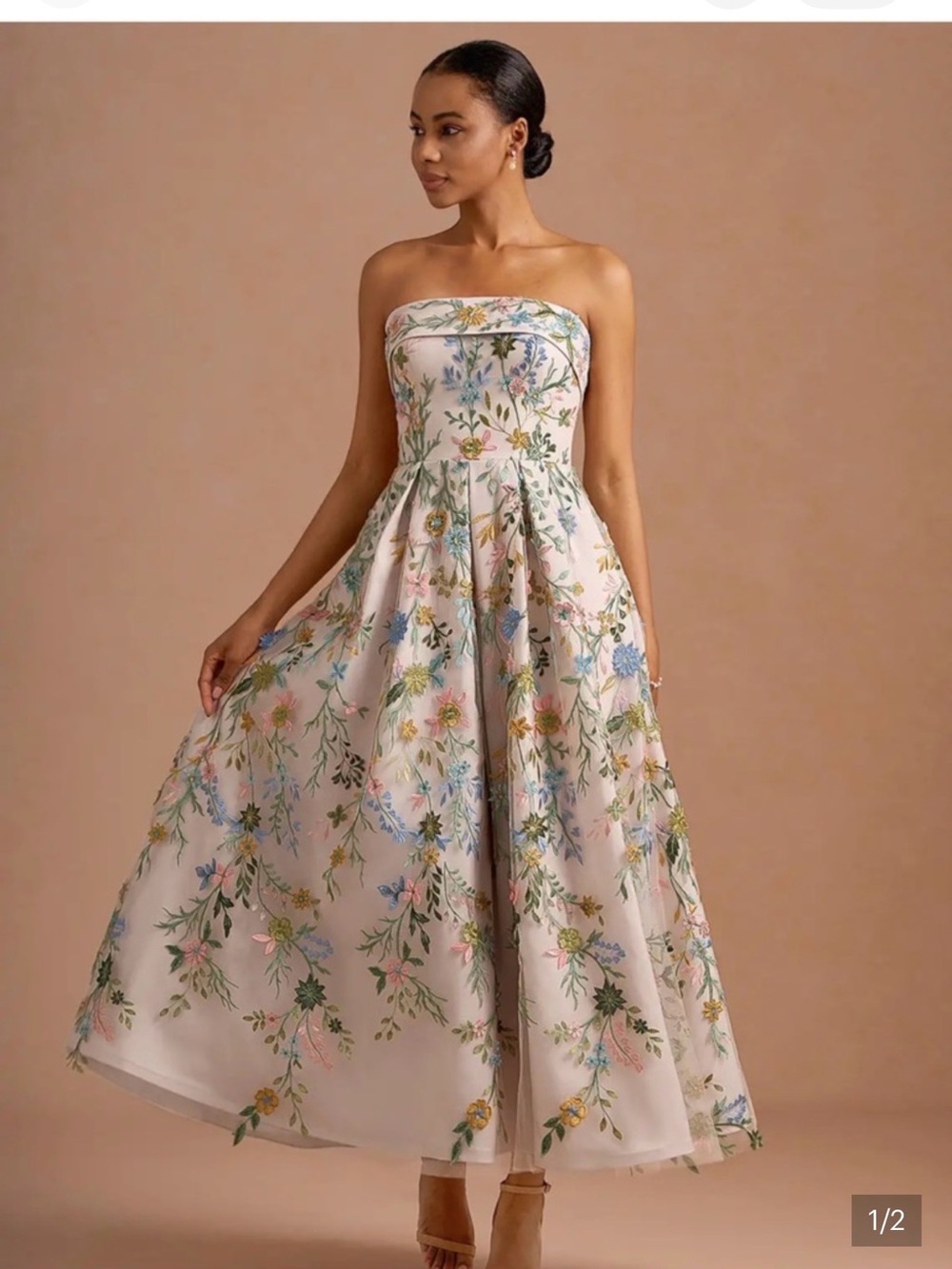 Strapless Floral A-Line Midi Dress in Blush